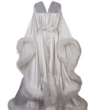 Load image into Gallery viewer, Silky Satin Feather Fringe Hem Long Robe (Victorian Style / Christmas Gift)
