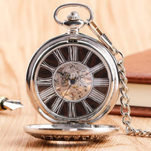 Load image into Gallery viewer, Silver Wooden Mechanical Hand Wind Pocket Watch
