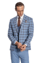 Load image into Gallery viewer, Checked Patterned Slim Fit Blue Men Suit - Wessi
