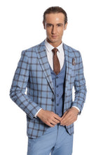 Load image into Gallery viewer, Checked Patterned Slim Fit Blue Men Suit - Wessi
