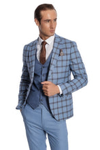 Load image into Gallery viewer, Checked Patterned Slim Fit Blue Men Suit - Wessi
