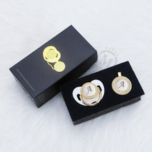 Load image into Gallery viewer, Luxury Modern Diamond Pacifier and Chain Gold Set With Initials Letter White Elegant A Beautiful Pacifier and Pacifier lip

