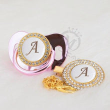Load image into Gallery viewer, Luxury Modern Diamond Pacifier and Chain Gold Set With Initials Letter White Elegant A Beautiful Pacifier and Pacifier lip
