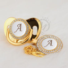 Load image into Gallery viewer, Luxury Modern Diamond Pacifier and Chain Gold Set With Initials Letter White Elegant A Beautiful Pacifier and Pacifier lip
