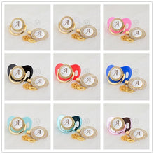 Load image into Gallery viewer, Luxury Modern Diamond Pacifier and Chain Gold Set With Initials Letter White Elegant A Beautiful Pacifier and Pacifier lip
