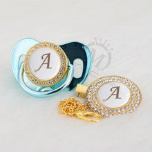 Load image into Gallery viewer, Luxury Modern Diamond Pacifier and Chain Gold Set With Initials Letter White Elegant A Beautiful Pacifier and Pacifier lip
