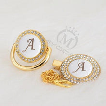 Load image into Gallery viewer, Luxury Modern Diamond Pacifier and Chain Gold Set With Initials Letter White Elegant A Beautiful Pacifier and Pacifier lip
