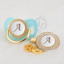 Load image into Gallery viewer, Luxury Modern Diamond Pacifier and Chain Gold Set With Initials Letter White Elegant A Beautiful Pacifier and Pacifier lip
