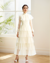 Load image into Gallery viewer, Vintage high neck Layered Ruffle tutu Skirt tulle prom dress with sleeves
