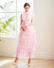 Load image into Gallery viewer, Vintage high neck Layered Ruffle tutu Skirt tulle prom dress with sleeves
