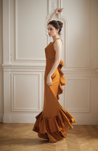 Load image into Gallery viewer, Vintage Deep V neck low back pencil skirt ruffled silky satin prom dress
