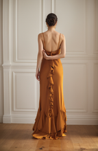 Load image into Gallery viewer, Vintage Deep V neck low back pencil skirt ruffled silky satin prom dress
