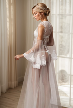 Load image into Gallery viewer, Pearl Beaded Lace Hem Long Robe with Satin Nightgown
