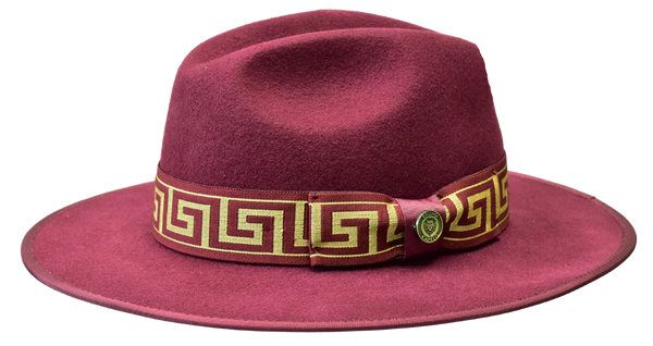 BRUNO CAPELO WESLEY WE-977 WIDE BRIM AUSTRALIAN WOOL FEDORA HAT | BURGUNDY WITH GOLD VERSACE BAND