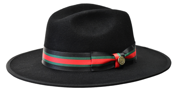 BRUNO CAPELO WESLEY WE-978 WIDE BRIM AUSTRALIAN WOOL FEDORA HAT | BLACK WITH BLACK/RED/GREEN VERSACE BAND