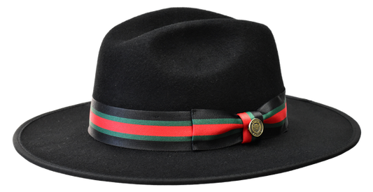 BRUNO CAPELO WESLEY WE-978 WIDE BRIM AUSTRALIAN WOOL FEDORA HAT | BLACK WITH BLACK/RED/GREEN VERSACE BAND