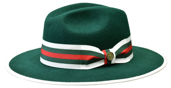 BRUNO CAPELO WESLEY WE-979 WIDE BRIM AUSTRALIAN WOOL FEDORA HAT | GREEN WITH WHITE/RED/GREEN VERSACE BAND