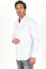 Load image into Gallery viewer, Men’s Single Pocket Logo Modern Fit Stretch Dress Shirt - White
