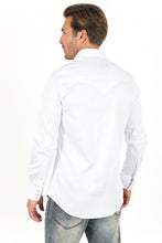 Load image into Gallery viewer, Men’s Single Pocket Logo Modern Fit Stretch Dress Shirt - White
