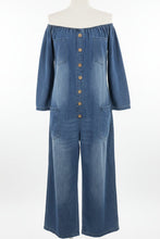 Load image into Gallery viewer, Women's Off-Shoulder Washed Faux Denim Strap Overalls Jumpsuit
