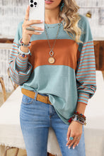 Load image into Gallery viewer, Green Color block Striped Women's Top with Bishop Sleeves and Side Slits
