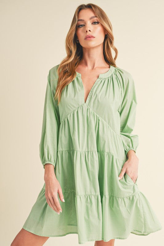 Notched Balloon Sleeve Tiered Mini Summer Dress For Women, A Chic & Trendy Statement and Comfortable Piece