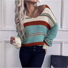 Load image into Gallery viewer, Women's French Vintage Striped Sweater | V-Neck Long Sleeve Stretch Knit
