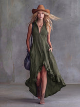 Load image into Gallery viewer, Lapel Collar Zip-Front Ruffle Hem Boho Dress
