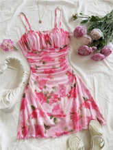 Load image into Gallery viewer, Boho Floral Spaghetti Strap Mini Dress – Ruched Ruffle Hem Vacation Sundress
