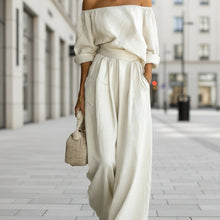 Load image into Gallery viewer, Women's Off-Shoulder Puff Sleeve Blouson Top &amp; High-Rise Wide-Leg Pants Set
