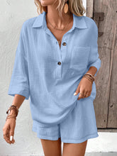Load image into Gallery viewer, Women's Lapel Collar Double-Panel Shirt &amp; Shorts Two-Piece Set
