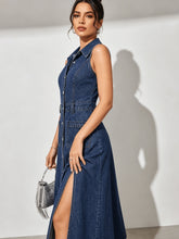 Load image into Gallery viewer, Women's Retro Washed Denim Midi Dress – Sleeveless Collared Button-Front with Slits &amp; Pockets
