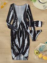 Load image into Gallery viewer, Horizon Haze 3-Piece Tie Dye Bandeau Bikini Set for Women – Strapless Tube Top with Long Sleeve Semi-Sheer Cover-Up Dress for Summer – Artistic Stripe Print Swimwear Ensemble for Bold Summer Fashion

