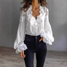Load image into Gallery viewer, Lace-Panel Puff Sleeve Pleated Ruffle Shirt | Ballet Style
