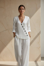 Load image into Gallery viewer, Women's V-Neck Diagonal Button Placket Cotton-Linen Shirt &amp; Wide-Leg Pants Set
