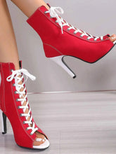 Load image into Gallery viewer, Canvas Lace-Up Peep Toe : Stiletto Ankle Boots
