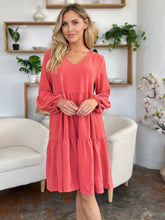 Load image into Gallery viewer, Light Green Double Take Full Size V-Neck Sleeve Tiered Dress with Pockets Elegant &amp; Comfortable Casual Dress
