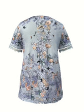 Load image into Gallery viewer, Plus Size Floral Print Lace-Trim Top – Women's V-Neck Short Sleeve Elegant Blouse
