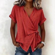 Load image into Gallery viewer, Women's Casual Lapel Collar Lace-Up Short-Sleeve Linen Top
