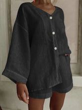 Load image into Gallery viewer, Women's Cotton Linen Shirt &amp; Shorts Set – Long Sleeve, Button, Casual 2-Piece
