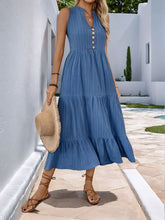 Load image into Gallery viewer, Decorative Dusty Blue Button Notched Sleeveless Dress Elegant &amp; Feminine Style Long Dress For Women
