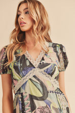 Load image into Gallery viewer, Lace Detail Slit Geometric Print Short Sleeve Maxi Comfortable Dress For Women, Elegant Lace, Alluring Slit, Sophisticated Geometric Print for Casual &amp; Dressy Occasions

