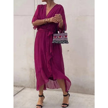 Load image into Gallery viewer, Batwing Sleeve V-Neck Midi Dress – Tied Irregular Hem Fairy Dress
