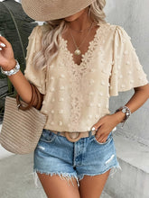 Load image into Gallery viewer, Women's V-Neck Lace-Trim Swiss Dot Short-Sleeve Top – Casual Loose Fit
