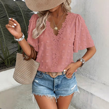 Load image into Gallery viewer, Women's V-Neck Lace-Trim Swiss Dot Short-Sleeve Top – Casual Loose Fit
