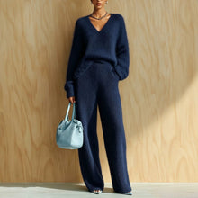 Load image into Gallery viewer, Women's Fluffy V-Neck Oversized Sweater &amp; Wide-Rib Wide-Leg Knit Trouser Set
