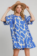 Load image into Gallery viewer, Blue Two Tone Abstract Print Puff Sleeve Dress Trendy Modern Print Dress for Women Summer Dress
