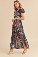 Load image into Gallery viewer, Lace Detail Slit Geometric Print Short Sleeve Comfortable Maxi Dress For Women, Elegant Lace, Alluring Slit, Sophisticated Geometric Print for Casual &amp; Dressy Occasions
