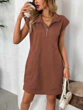 Load image into Gallery viewer, Retro Brown Half-Zip Cap Sleeve Mini Dress Classic &amp; Vintage Design Dress For Girls
