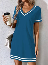 Load image into Gallery viewer, Women's Contrast-Color V-Neck A-Line Dress – Short Sleeve, Elegant, Mid-Rise
